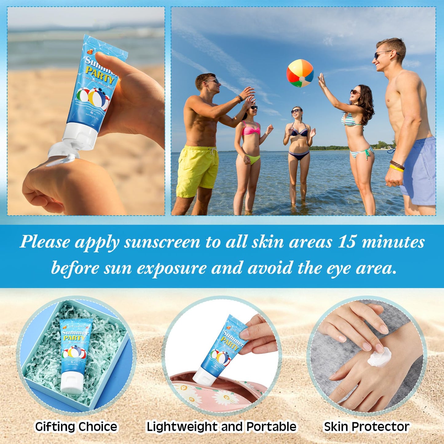 Dansib 24 Pcs Mini Sunscreen Bulk for Summer Wedding Party Spf 30 Water Resistant Sunscreen Lotion Bulk 1oz Travel Size for Thank You Gifts Wedding Party Supplies(White Cream,Beach Ball)