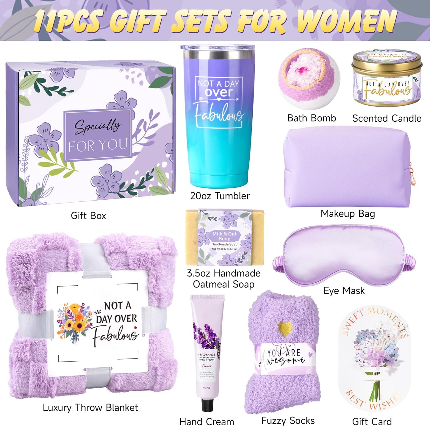 Birthday Gifts for Women Self Care Friendship Gifts, Lavender Relaxing Spa Gifts Basket Care Package w/ Luxury Flannel Blanket 20 Oz Tumbler, Unique Mothers Day Gift for Mom Her Friend Sister Wife