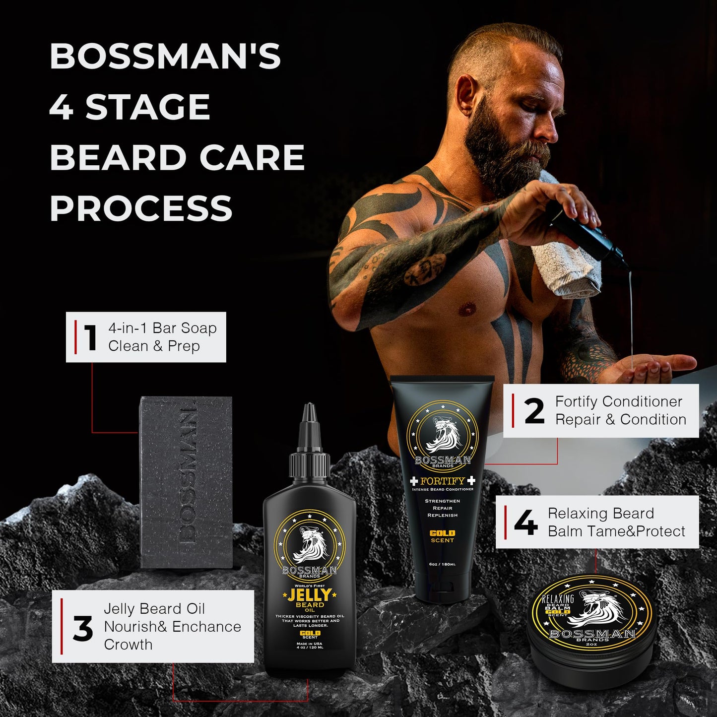 Bossman Men's 4-in-1 Bar Soap for Men + Black Soap Dish Bundle – 4 oz Bar with Lavender & Patchouli Scent + Ceramic Base with Bamboo Tray