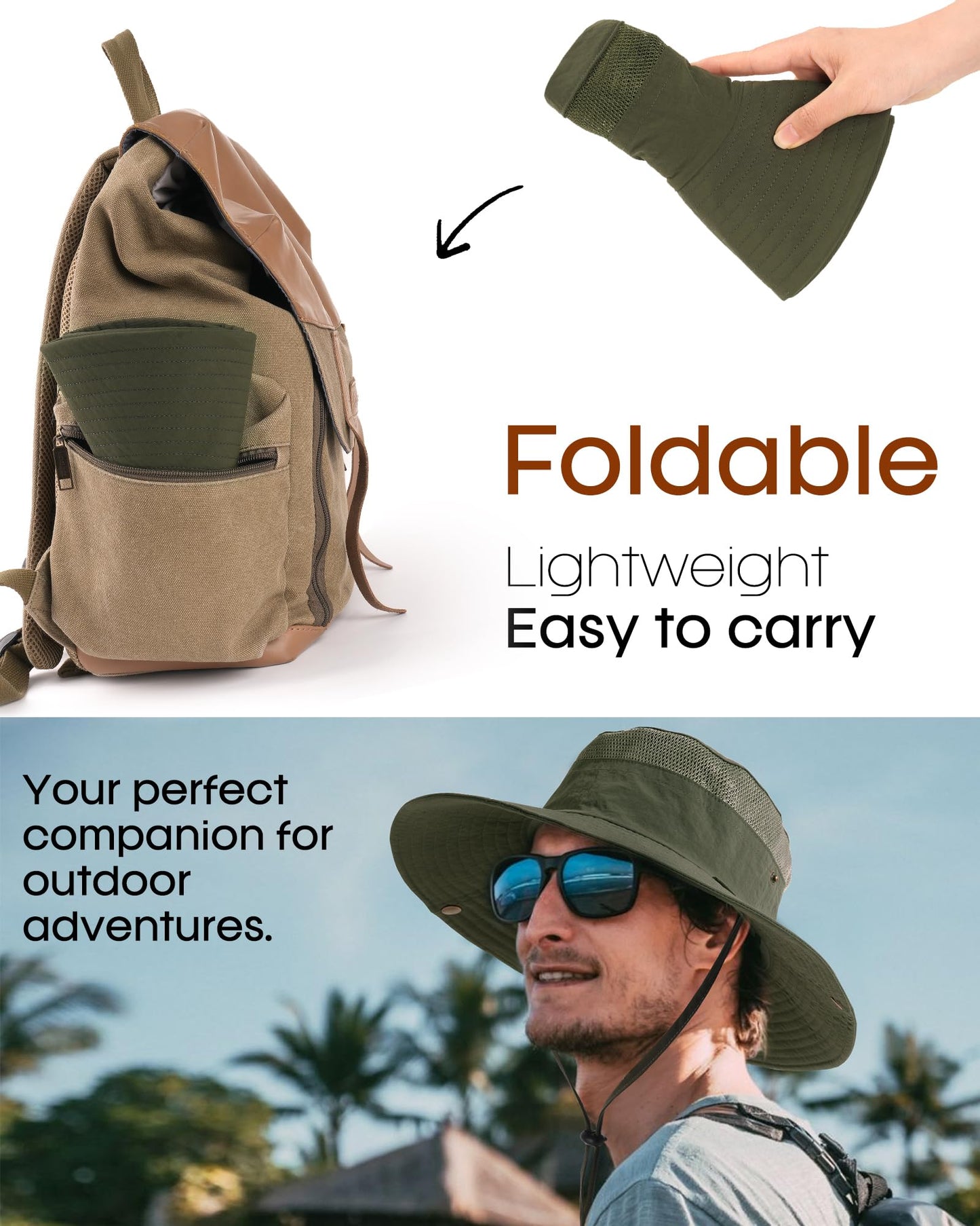 FURTALK Sun Hats for Men Women Fishing Hat UPF 80+ Breathable Wide Brim Hiking Summer UV Protection Bucket Hats Green