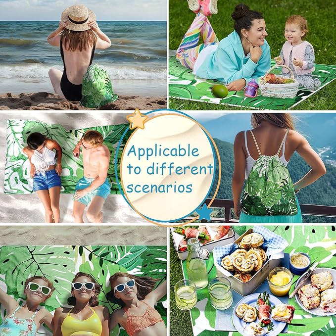 2 in 1 Packable Towel Bag - Summer Tropical Beach Blanket Backpack Green Travel Picnic Towel for Family Holiday Camping