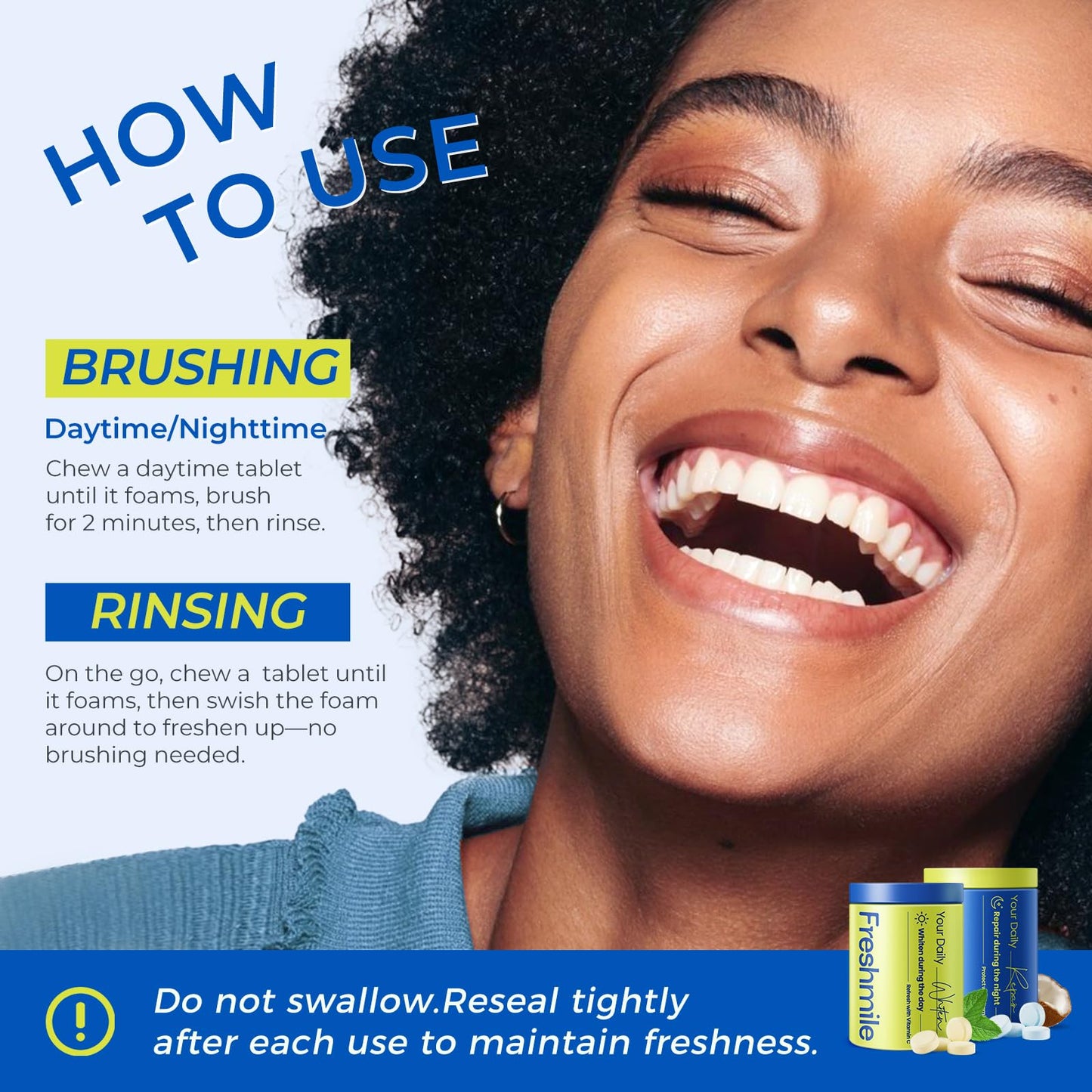 Freshmile Whitening Toothpaste Tablets with Nano-Hydroxyapatite (NHA), Natural Teeth Whitening & Repair, Xylitol for Fresh Breath, Fluoride-Free, Protects Sensitive Teeth & Gums (120 Count)