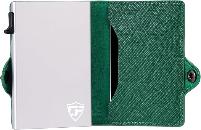 Card Blocr Womens Slim Wallet for Small Purses, Pop Up Wallet with Anti Theft RFID Blocking Credit Card Holder for Women in Green PU Saffiano Leather