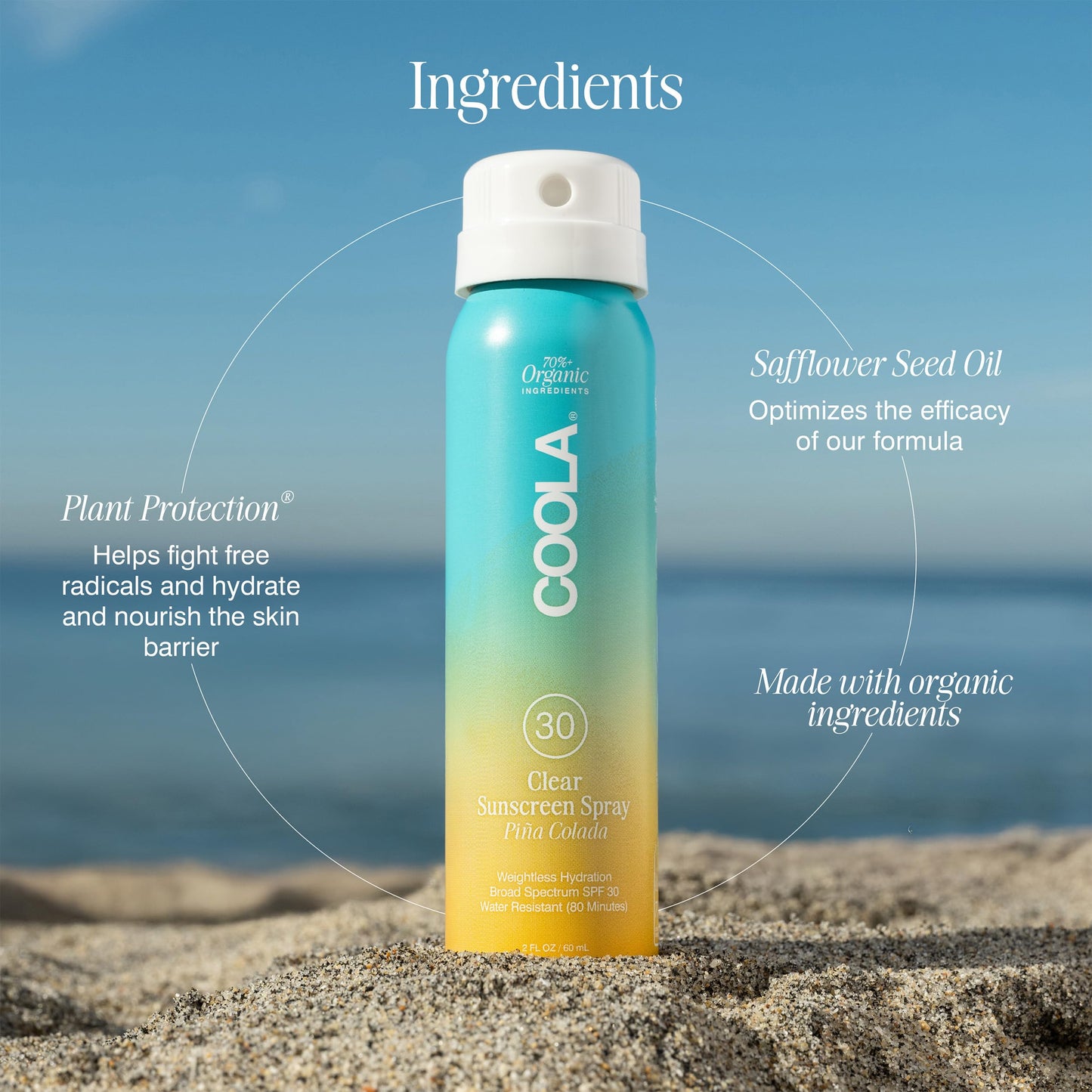 COOLA Organic Sunscreen SPF 30 Sunblock Spray, Dermatologist Tested Skin Care for Daily Protection, Vegan and Gluten Free, Piña Colada, Travel Size, 2 Fl Oz