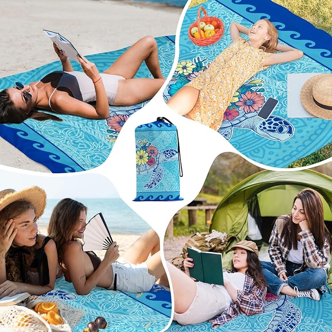 Beach Blanket Waterproof Sandproof, Turtle Flowers Oversized Extra Large Picnic Mat 83"×95"/8 × 7 FT for 1-7 Adults for Travel Camping Hiking, Quick Drying Lightweight Beach Vacation Essentials