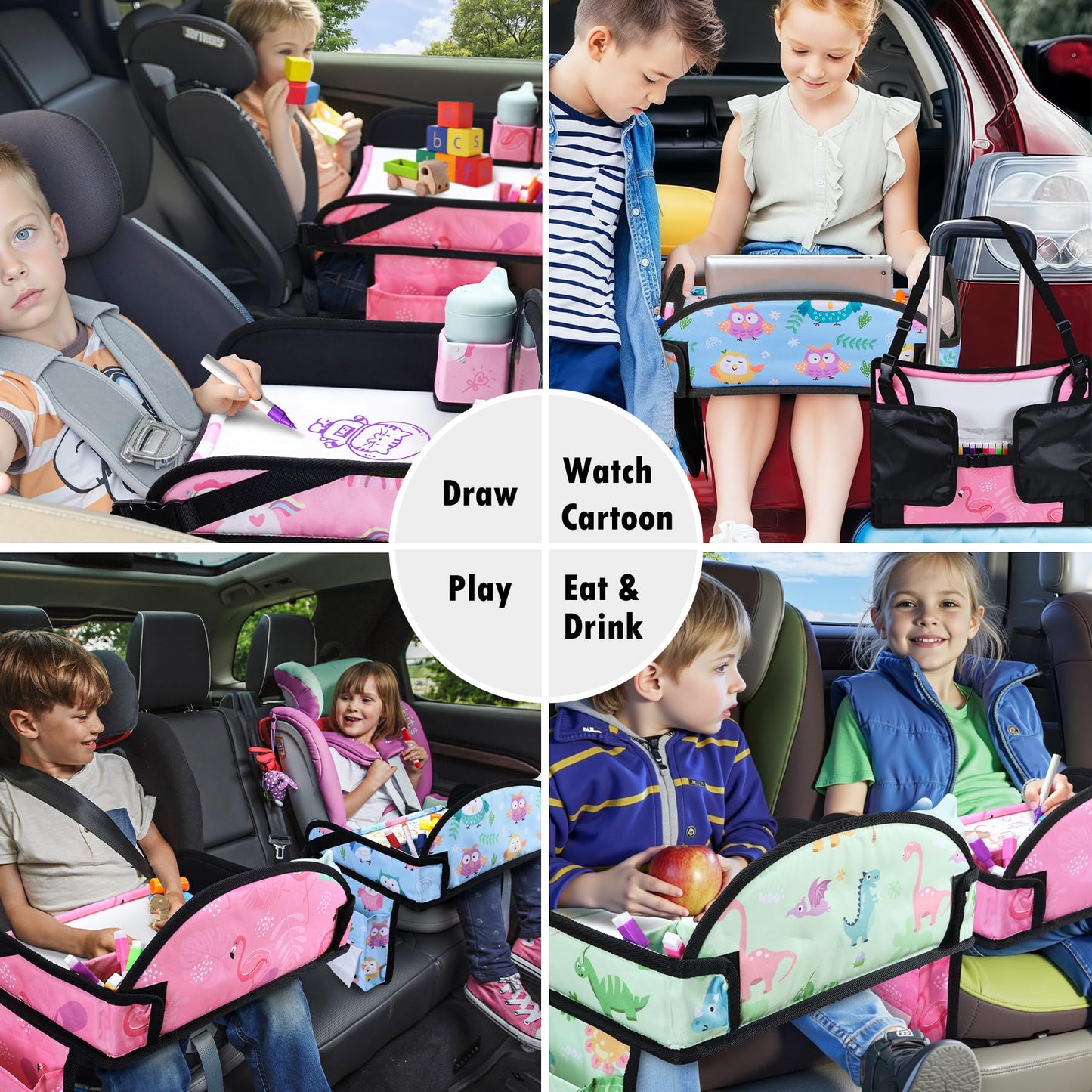 WENRENER 2PCS Kids Travel Tray, Car Seat Tray for kids Travel, Toddler Road Trip Essentials With Drawing Kit, Toddler Lap Desk Organizer for Car, Carseat Table for Airplane