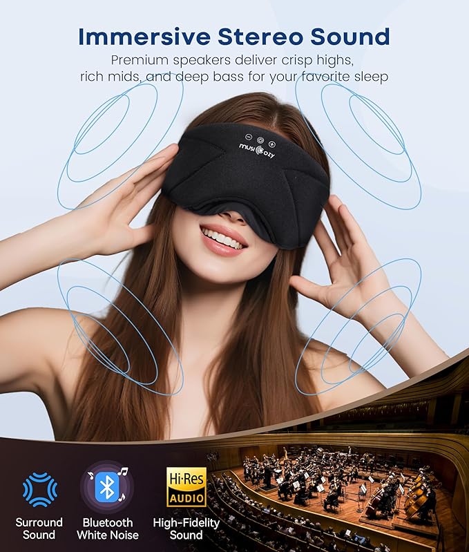 MUSICOZY Sleep Headphones, Bluetooth 5.4 Sleep Mask, Washable Zipper Eye Mask with HD Stereo Speakers, Cooling Ice Silk Fabric, 14H Playtime Wireless Headband Headphones for Side Sleepers