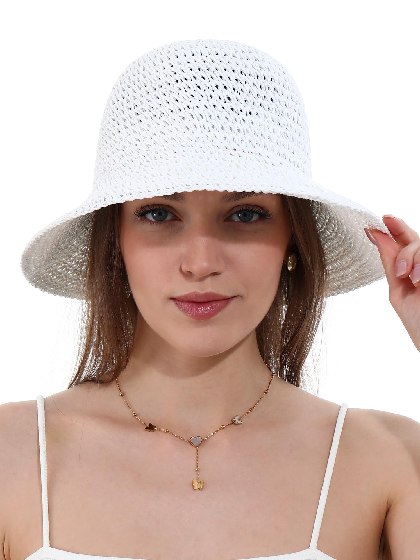 Womens Sun Hat Handmade Crochet Straw Bucket Hat Summer UV Protection Foldable Travel Cap UPF 50+(White)