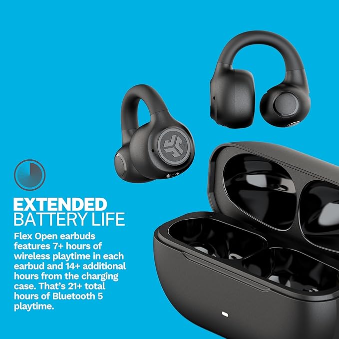 JLab Flex Open Earbuds, Clip-on Cuff Design, Wireless Open-Ear Audio Freedom Effortless Fit, Safe Listening, Bluetooth Multipoint, Customize with The App, Black