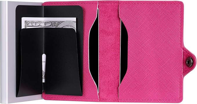 Card Blocr Womens Slim Wallet for Small Purses, Pop Up Wallet with Anti Theft RFID Blocking Credit Card Holder for Women in Pink PU Saffiano