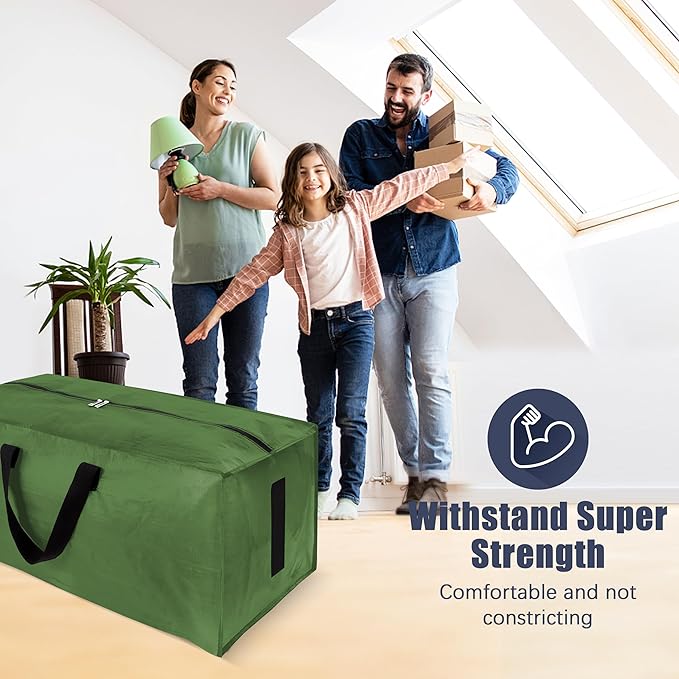 4 Pack Large Strong Moving Bags with Zippers & Carrying Handles - Water-Resistant - Heavy Duty Storage Tote for Space Saving, Fold Flat, Alternative to Moving Box (Olive Green)