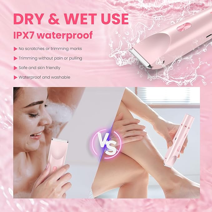 Bikini Trimmer for Women-2 in 1 Dual Head Electric Razors,IPX7 Waterproof Bikini Electric Shaver,Dry & Wet Use Painless Bikini Shaver,Pubic Hair Trimmer for Private Area & Body Hair, Pink