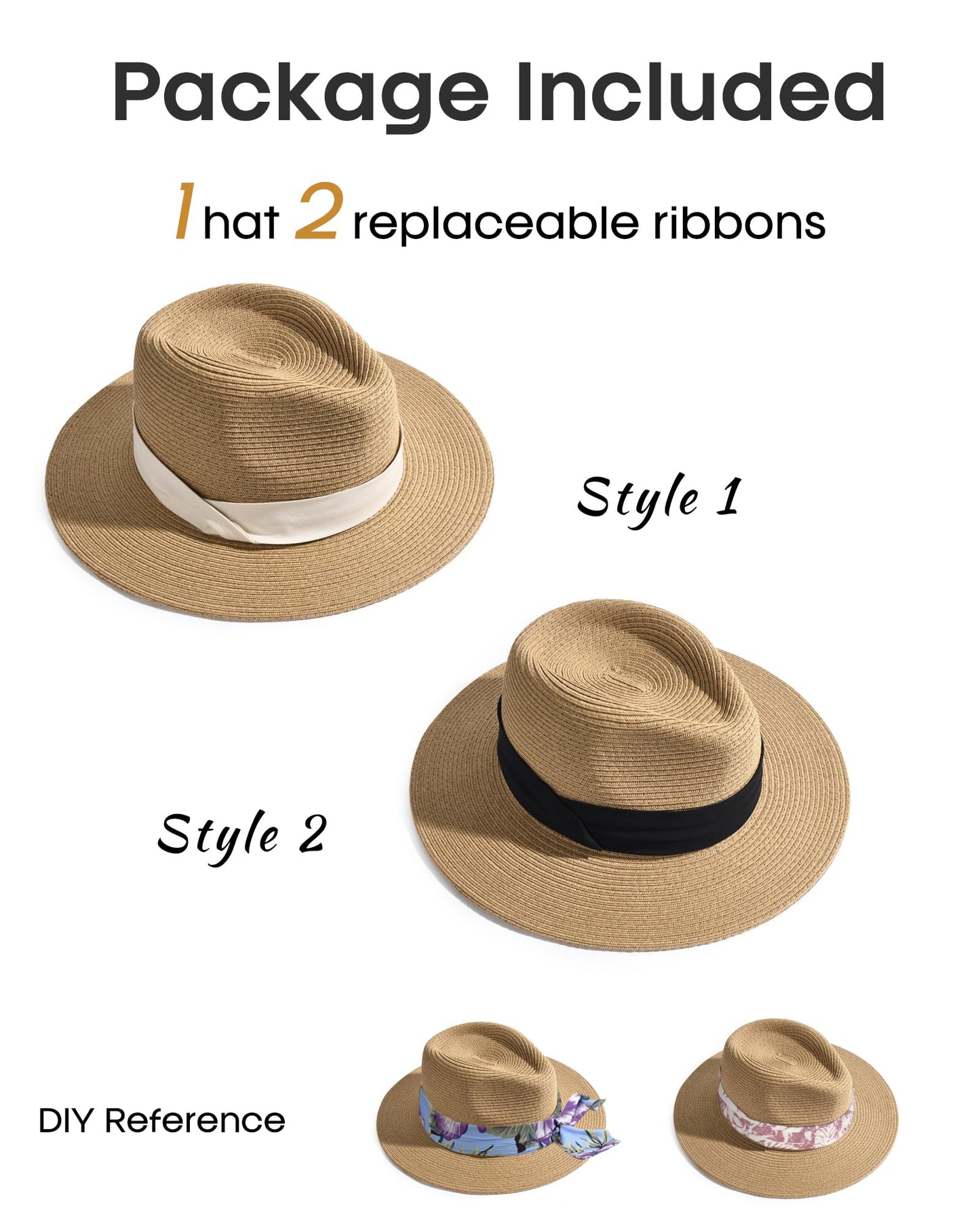 FURTALK Panama Hat Sun Hats for Women Men Wide Brim Fedora Straw Beach Hat UV UPF 80+