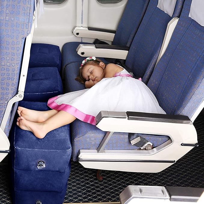 HOMCA Inflatable Travel Foot Rest Pillow, Adjustable Height Leg Pillow，Fast Inflating Airplane Bed for Toddlers，Footrest Pillow for Office, Airplane，Train，Cars，Home (Blue)