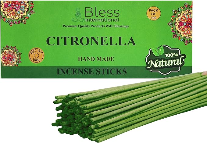 Bless-Citronella 100%-Natural-Handmade-Hand-Dipped-Incense-Sticks Organic-Chemicals-Charcoal-Free Purification-Relaxation-Positivity-Yoga-Meditation Best-Woods-Scent (100 Sticks (5.25 OZ))