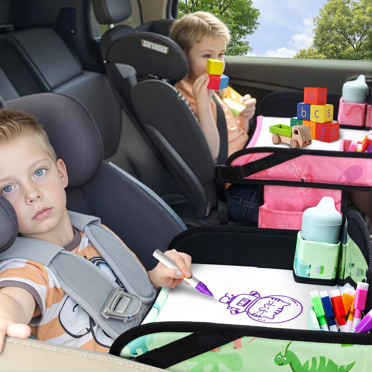 WENRENER 2PCS Kids Travel Tray, Car Seat Tray for kids Travel, Toddler Road Trip Essentials With Drawing Kit, Toddler Lap Desk Organizer for Car, Carseat Table for Airplane