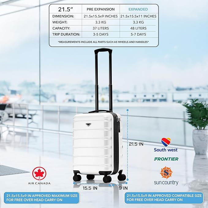 Carry On Suitcase Hardside TSA Lock & USB Port Silent Double Spinner Wheels Maximum Carry-On Bag For Canada Air Approved Airlines( 21.5x15.5x9" ,White )