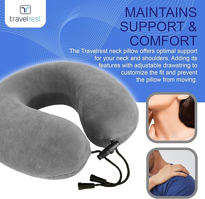 TRAVELREST Travel Essential Neck Pillow - Memory Foam, Washable Micro-Fiber Cover, Soft and Comfortable Head Support for Long Flights, Compact, Attaches to Luggage, Airplanes, Cars, Bus - (Grey, Curl)