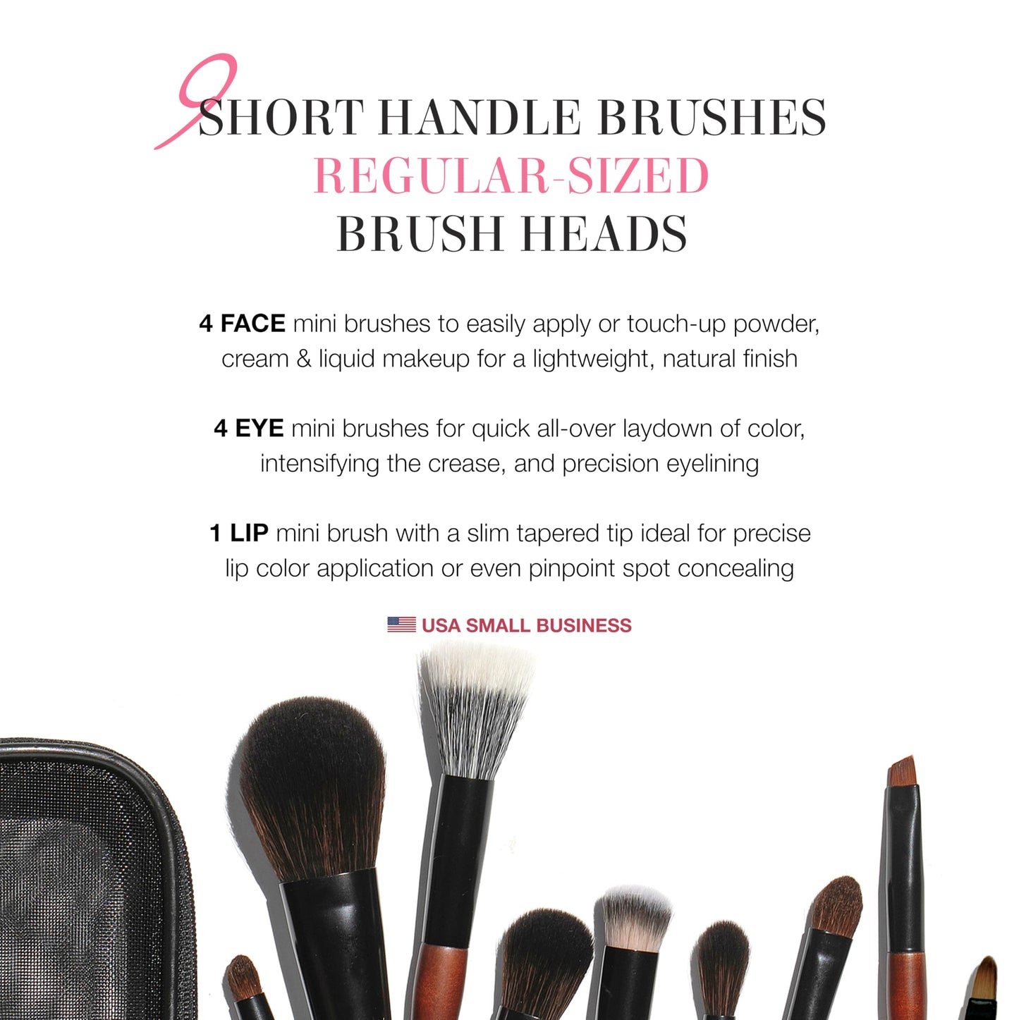 Cosme 9 FULL FACE MINI TRAVEL Make Up Brush Set: Powder, Concealer, Blush, Eyeshadow, Eyeliner, Brow Makeup Brushes Set in Synthetic & Natural Hair Make up Brush Set + Case for Work, Vacation, School