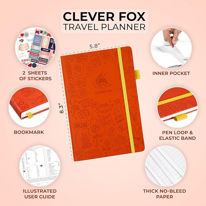 Clever Fox Travel Journal – Vacation & Trip Organizer with Budget Plan, Packing List, Travelling Expense Tracker, A5 (Orange)