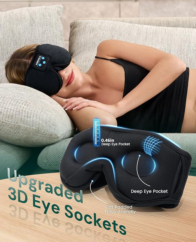 3D Sleep Mask with Bluetooth 5.4 Headphones for Side Sleepers, Wireless Music Eye Mask with Stereo Speakers, Wireless Headphones for Sleeping, Gift for Women & Men