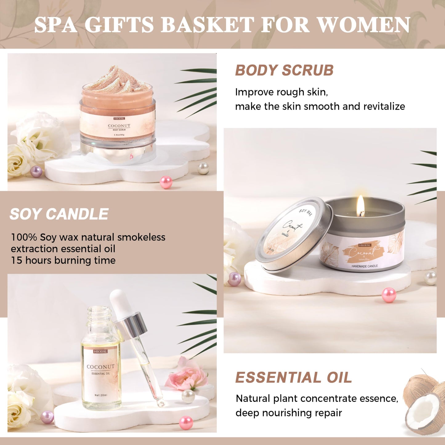 Gifts for Women Bath and Body Gift Basket Set for Women, 12 Piece Set of Coconut Home Spa Set for Self Care, Mothers Day Relaxing Bath Sets Birthday Christmas Gifts for Mom Sister Her Wife