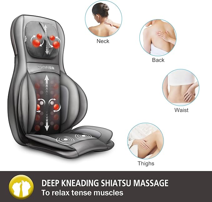 COMFIER Massager Chair with Heat, Shiatsu Neck Back Massager Portable with Compress & Rolling,Massage Chair Pad for Full Back,Neck,Full Body Pain, Gray