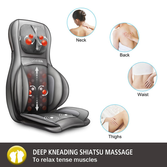 COMFIER Massager Chair with Heat, Shiatsu Neck Back Massager Portable with Compress & Rolling,Massage Chair Pad for Full Back,Neck,Full Body Pain, Gray