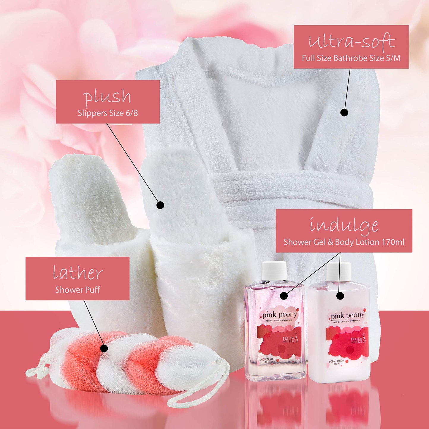 Luxury Home Spa Gift Basket with Pink Peony Scent - Indulgent Ultra Soft Bathrobe & Plush Slipper Spa Box for Women - Complete Bath & Body Set Luxury Body Care