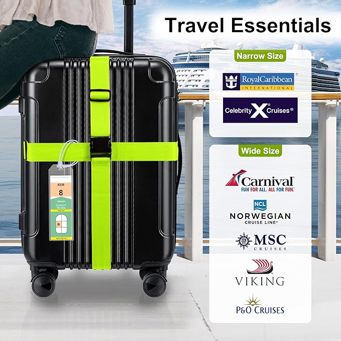 8 Pack Luggage Straps and Cruise Luggage Tags Set (4 Straps, 4 Narrow Tags), Luggage Straps for Suitcases TSA Approved Suitcase Tags, Green