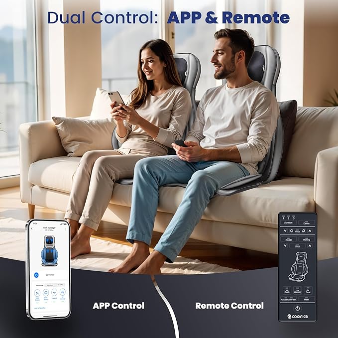 COMFIER Shiatsu Neck Back Massager with Heat,2D/3D Massage Chair Pad with App Control,Deep Tissue Kneading Massage Chair Pad with Compression,Chair Massager for Full Body,Gifts for Mom,Dad, Black