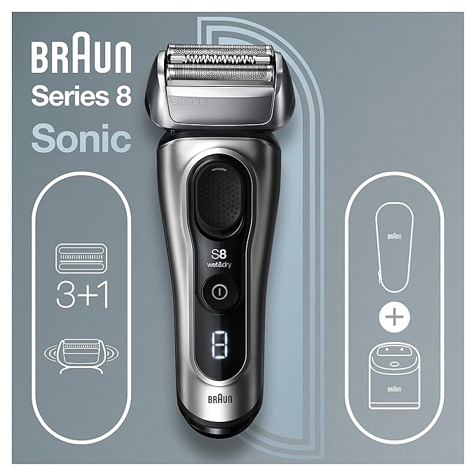 Braun Electric Razor for Men, Series 8 8467cc Electric Foil Shaver with Precision Beard Trimmer, Cleaning & Charging SmartCare Center, Galvano Silver
