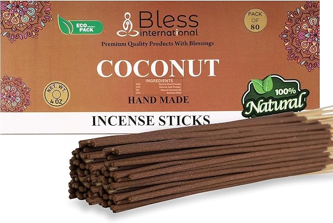 Bless-Coconut 100%-Natural-Handmade-Hand-Dipped-Incense-Sticks Organic-Chemicals-Charcoal-Free Purification-Relaxation-Positivity-Yoga-Meditation Best-Woods-Scent (80 Sticks (4.20 OZ))