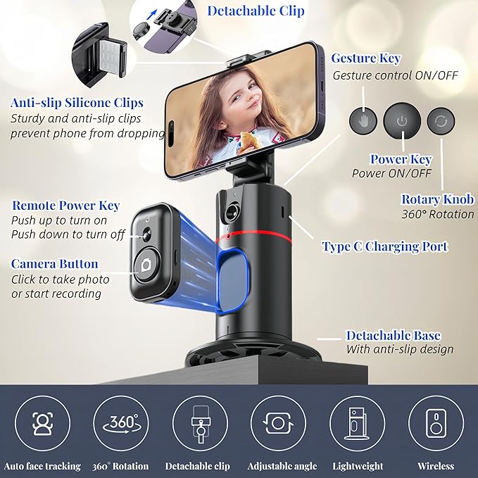 Auto Face Tracking Tripod, 360° Rotation Face Body Tracking Phone Holder, Rechargeable Smartphone Camera Mount Remote & Gesture Control with Adjustable Selfie Stick Tripod Stand for Phone Camera GoPro