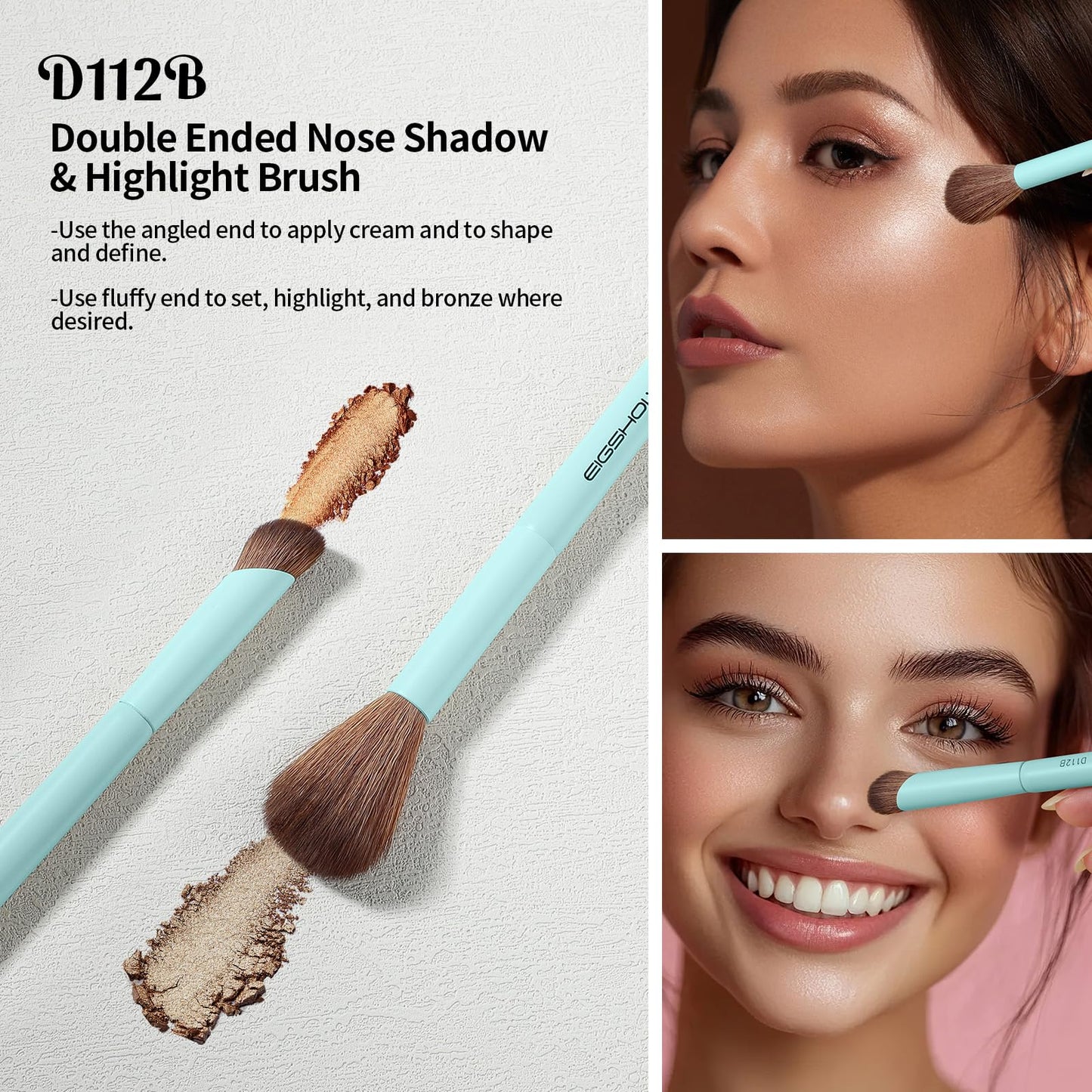 EIGSHOW Makeup Brush Set, 3Pcs Dual Ended Face Makeup Brushes for Foundation Powder Contour Highlight Concealer Nose Shadow, Travel Gift Set (Cyan)