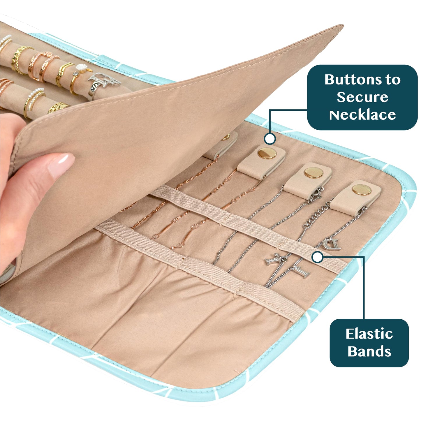 PAVILIA Travel Jewelry Case Organizer, Foldable Jewelry Travel Roll Bag, Small Jewelry Travel Pouch Wallet for Earrings, Rings, Necklaces, Bracelets, Travel Packing Accessories (Chevron Teal)