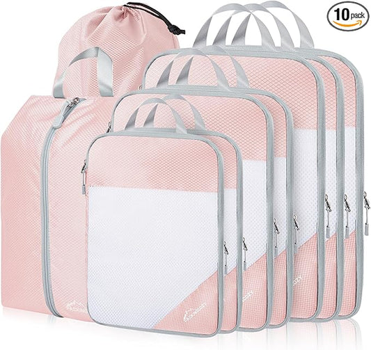 Compression Packing Cubes, 9 Set Packing Cubes for Travel Compression, Lightweight Compressible Package Organizer for Carry On and Suitcases, Pink