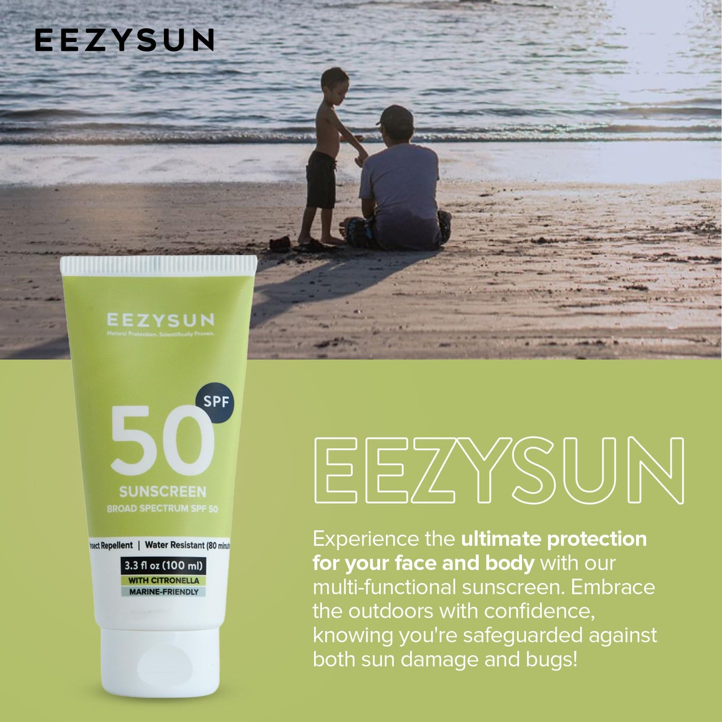 EEZYSUN SPF 50 Sunscreen and Insect Repellent - Water-Resistant Sunscreen Travel Size & Bug Repellent with Citronella Oil, Lemongrass, and Neem Oil - Reef-Safe Bug Repellent Outdoor - 3.3 fl oz