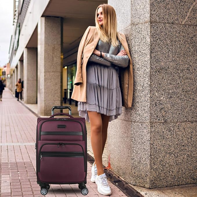 KROSER Softside Expandable Carry On Luggage with Spinner Wheels & Built-in TSA Lock, Durable Suitcase Rolling Luggage with USB Port, Carry-On 20-Inch, Burgundy