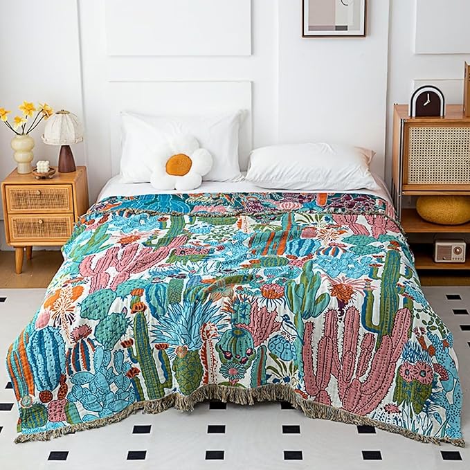 Boho Throw Blanket for Couch, 100% Cotton Cozy Warm Fall Throw Blankets, Ultra Soft Muslin Throw Blankets for Adults, Farmhouse, Boho Home Decors, 60"x80"