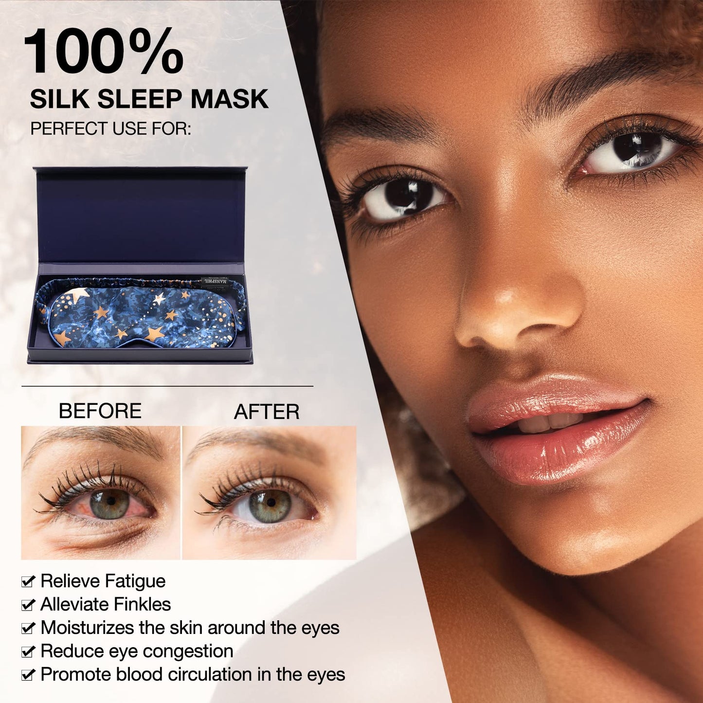 MANSPHIL 100% Mulberry Silk Eye Mask for Sleeping, Blue Galaxy Printed Silk Filled Sleep Mask for Travel, Nap. Lightweight