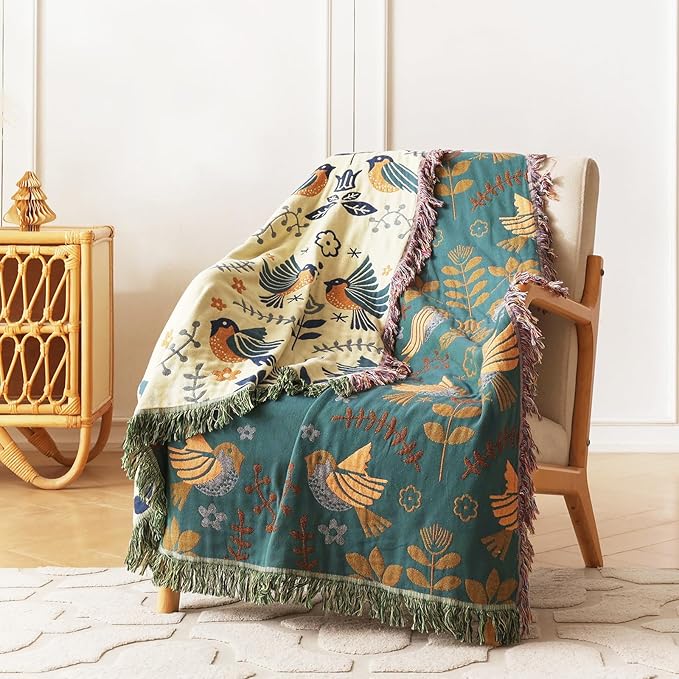 Boho Throw Blanket for Couch 100% Cotton Ultra Soft Rustic Quilt Birds and Floral Double Embroidery Fall Throw Blankets,50"×60" All Season Throws for Sofa Chair