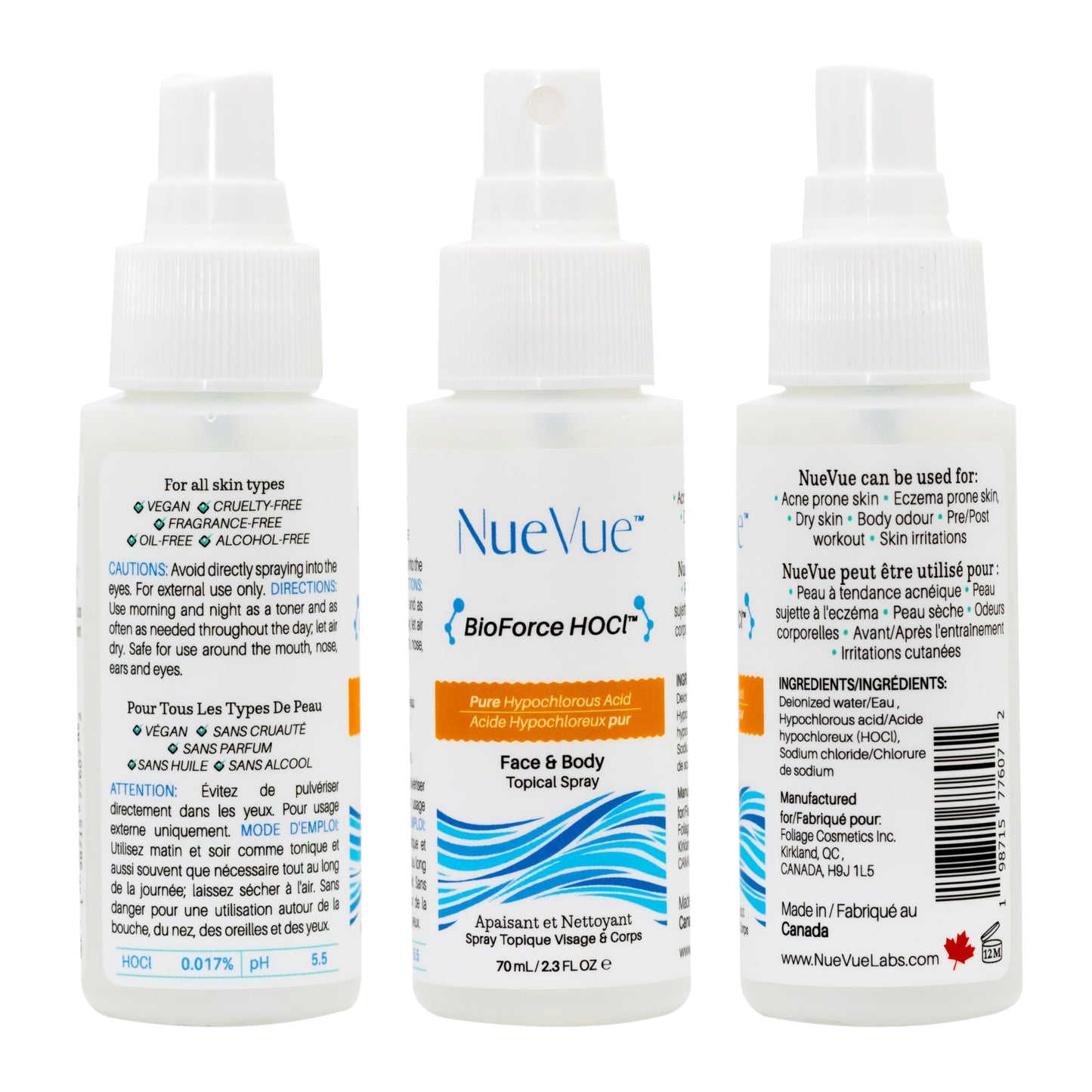 BioForce HOCl - Pure Hypochlorous Acid Spray for Face Travel Size Toner & Cleanser - Made in Canada - Acne-Prone Skin & Eczema, Piercing aftercare, pH Balanced, Non-comedogenic - NueVue (2.3 oz)