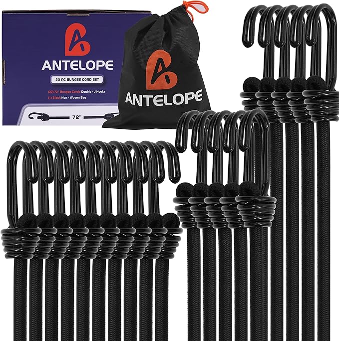 A ANTELOPE Outdoor Bungee Cord Assortment - Heavy Duty Set of 20 Bungee Cords (72") Double J Hooks - Multipurpose Elastic Straps for Fastening Tarps, ATV, Camping, Trucks, Motorcycles, Bicycles