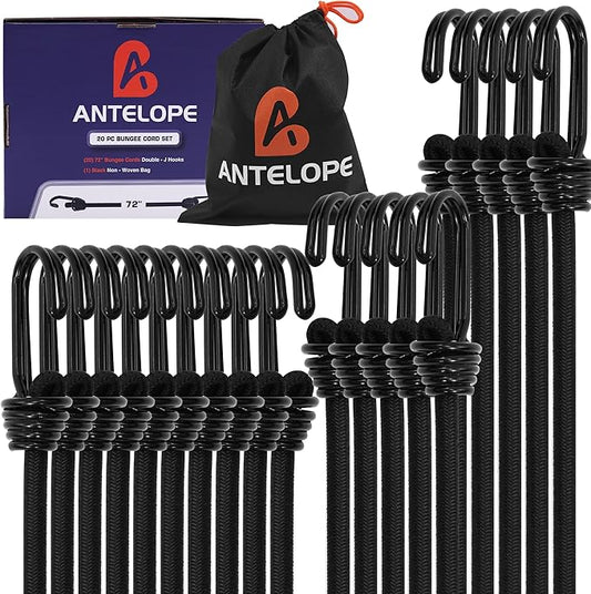 A ANTELOPE Outdoor Bungee Cord Assortment - Heavy Duty Set of 20 Bungee Cords (72") Double J Hooks - Multipurpose Elastic Straps for Fastening Tarps, ATV, Camping, Trucks, Motorcycles, Bicycles