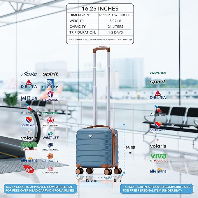 Carry On Suitcase Hardside TSA Lock & USB Port Silent Double Spinner Wheels Maximum Underseat Carry-On Bag For Virgin & South West Approved Airlines( 16.25x13.5x8" ,Blue/Tan )
