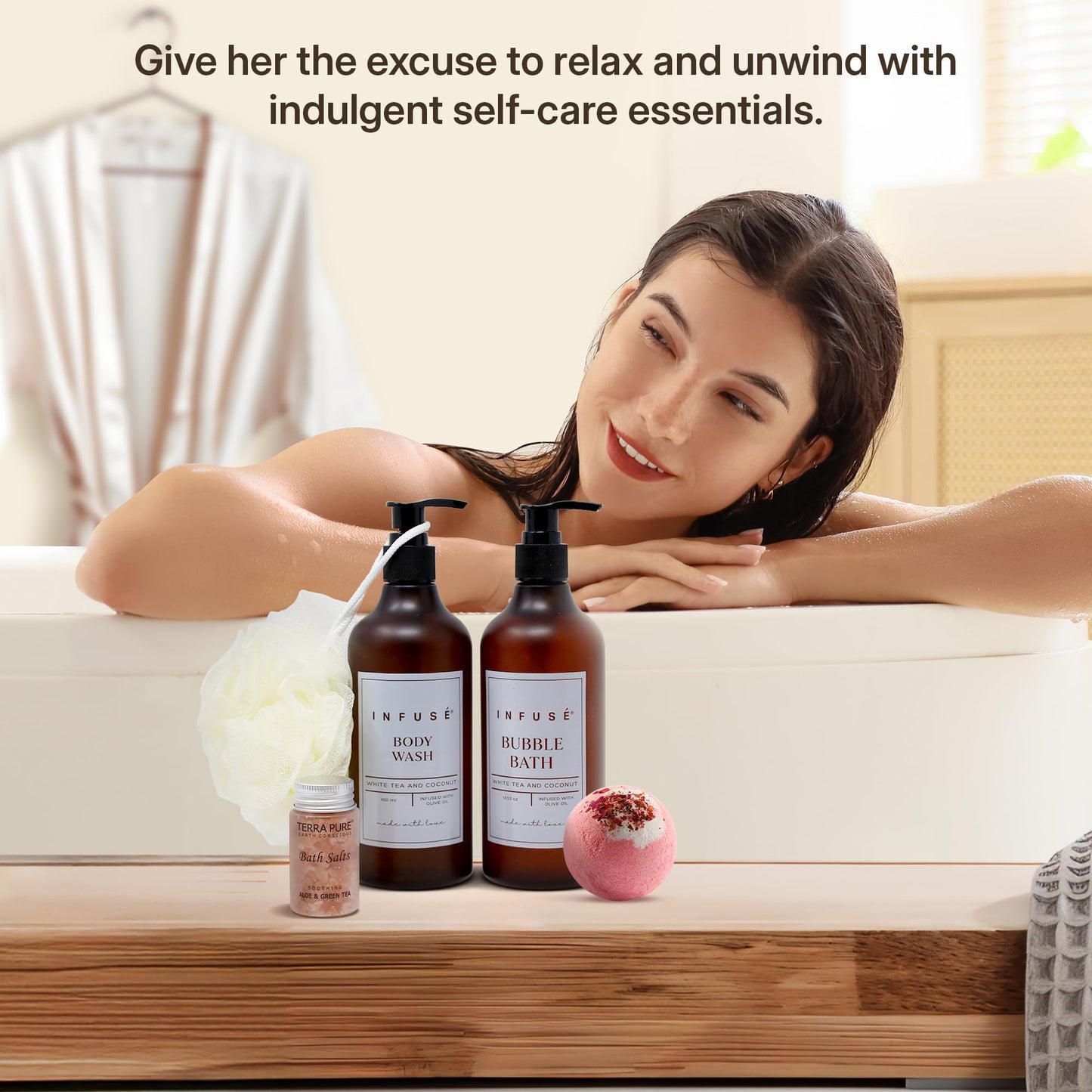 INFUSÉ 10-Piece Spa Gift Box for Women | Self-Care Set with Eye Mask, Loofa,Bath Bombs,Face Masks,Bubble Bath, Lotion, Body Wash & Bath Salt | Gift for Mom, Grandma, Wife, Bridesmaid or Loved Ones