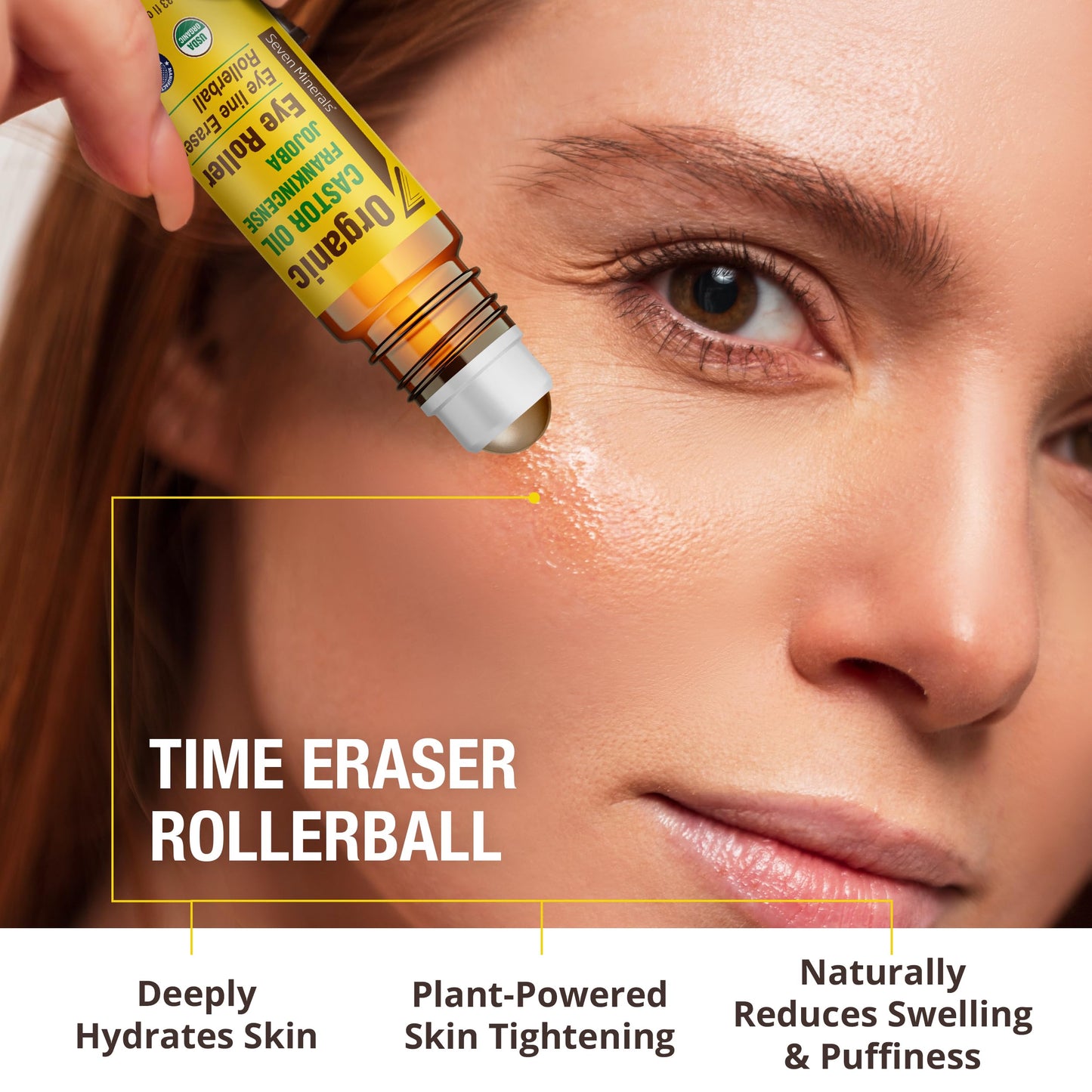 Seven Minerals Castor Oil Roll On Eye Roller for Under Eye Bags, Dark Circles & Wrinkles - Powerful Organic Blend of Castor, Frankincense & Jojoba - Brighten, and Revitalize Skin & Face - 0.33 fl oz