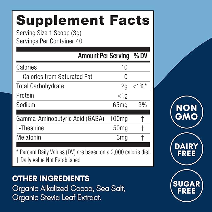 Mindful Evening Sugar Free Cocoa Mix Natural Sleep Aid, 40 Servings, Melatonin 3mg, L-Theanine, GABA Supplements, Natural Calm Sleep Support Stress Relief Calm Sleepy Cocoa Nighttime Hot Chocolate