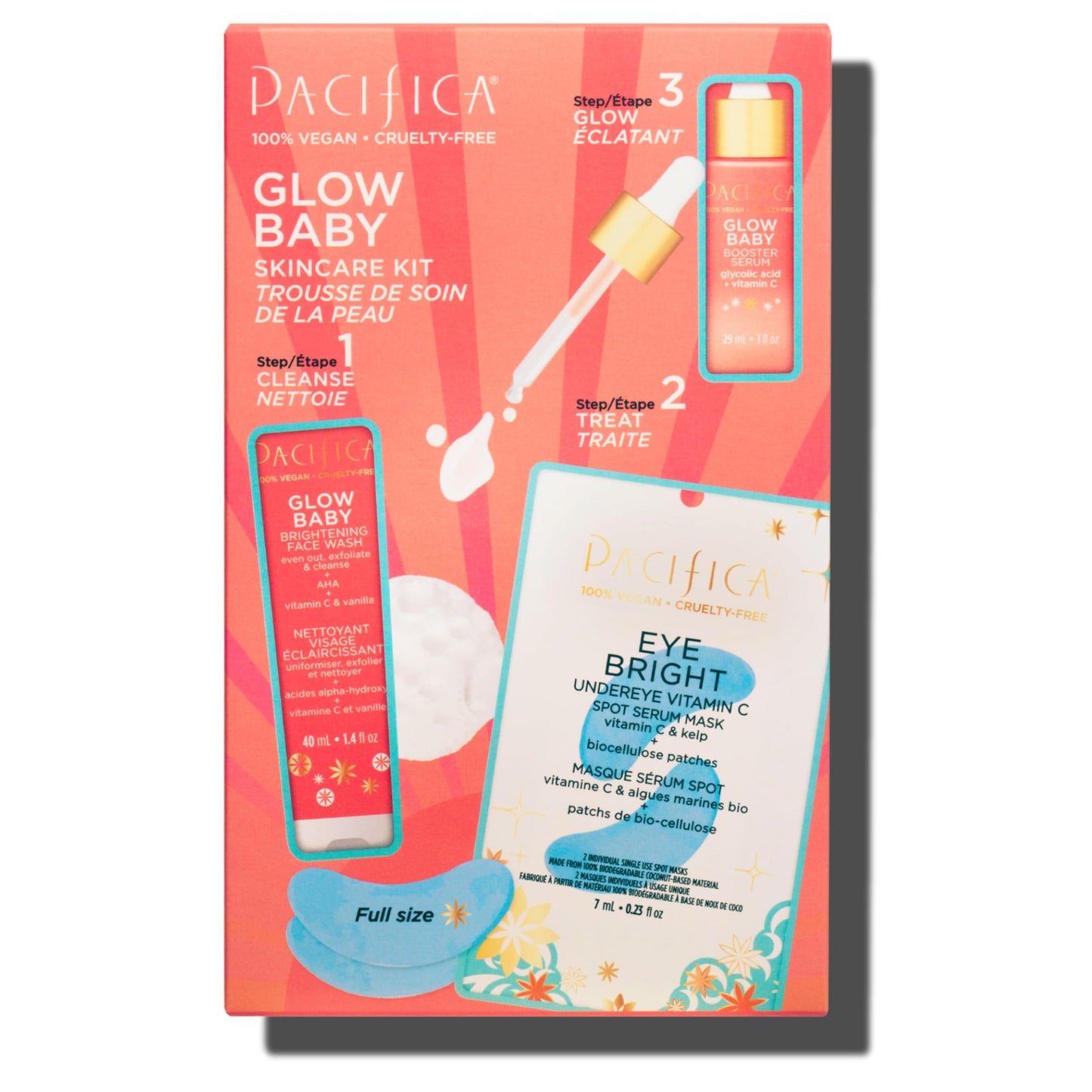 Pacifica Beauty | Glow Baby Vitamin C Trial + Value Kit | 3-Piece Skin Care Gift Set | Travel Friendly | Brightening Face Serum, Face Wash/Cleanser, Under Eye Patches | Glycolic Acid, AHA | Vegan